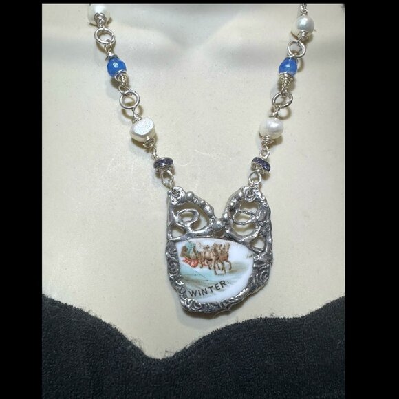 Courier & Ives Winter Pendant Necklace With Handcrafted Boho Metalwork & Pearls - Picture 6 of 13